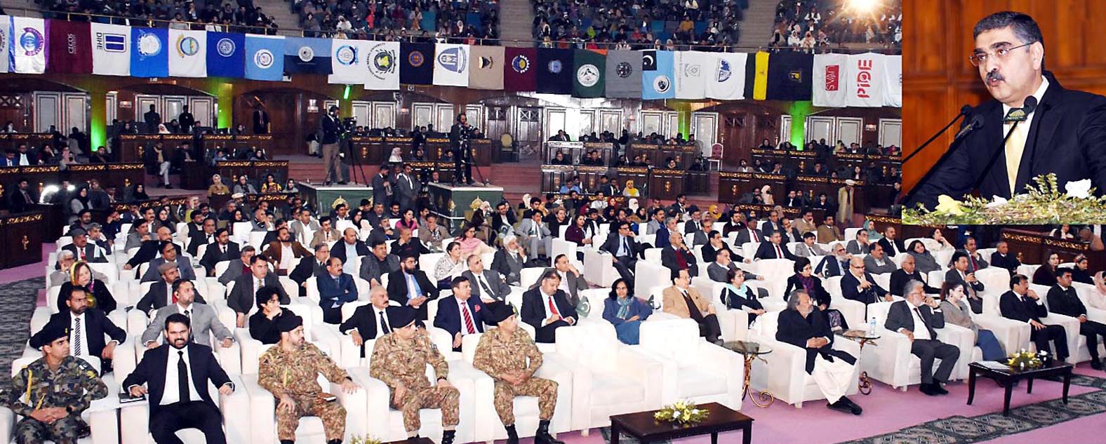 ISLAMABAD: Caretaker Prime Minister Anwaar-ul-Haq Kakar addresses Pakistan National Youth Convention 2024. 