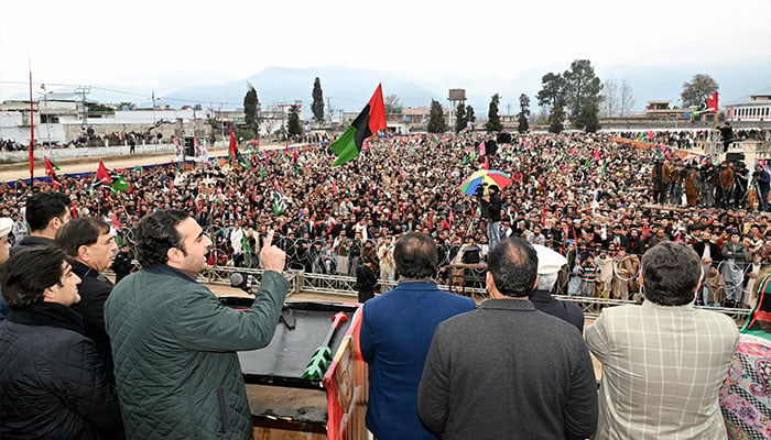 Bilawal Bhutto-Zardari addresses the election rally in Malakand district