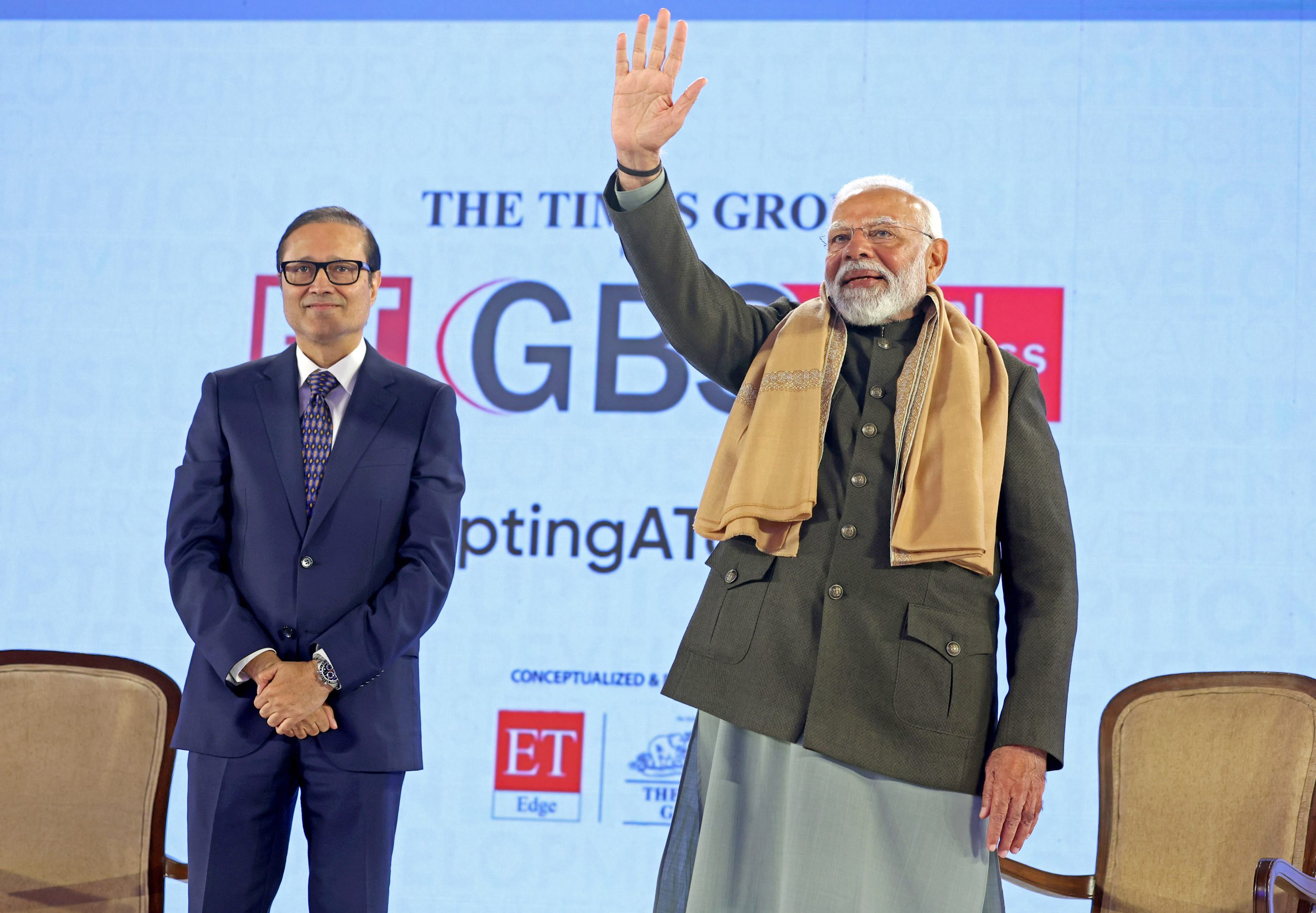 New Delhi: Prime Minister Narendra Modi and Times Group MD Vineet Jain during the Global Business Summit, at the Taj Hotel in New Delhi on Friday. (ANI Photo)