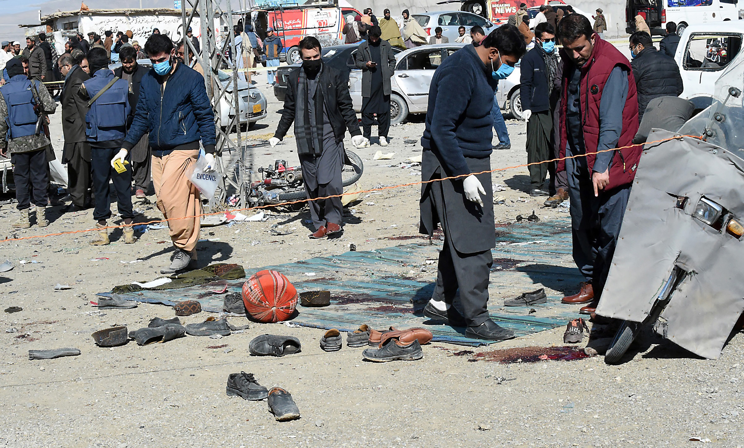 QUETTA: Scenes of devastation after a bomb exploded near the election office of an independent candidate in Khanozai Pishin, Quetta, while security officials are collecting evidence.